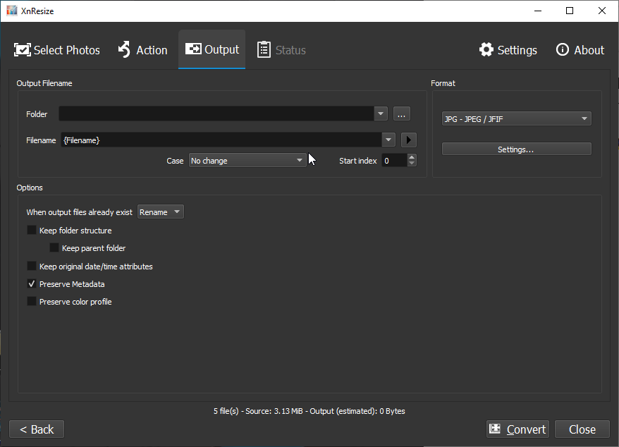 XnResize: Output settings